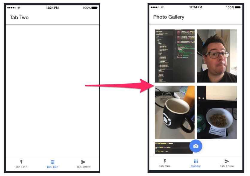 An Ionic app's transformation from a blank 'Tab Two' to a 'Photo Gallery' with images.